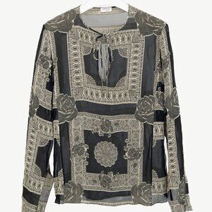 Akris Punto Black Crepe Floral-Paisley Tie-Neck Blouse